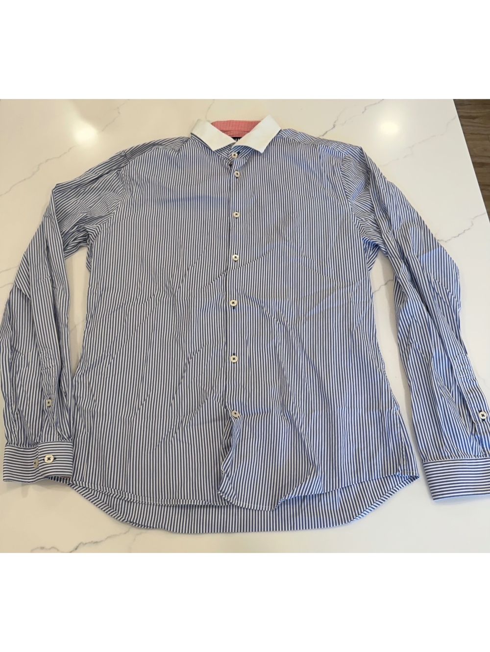 H&M Blue White Striped Button Up Dress Shirt White Collar Size Large